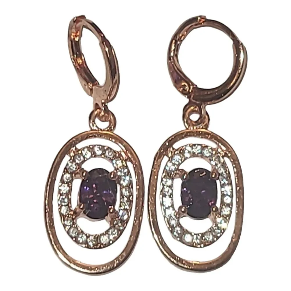 Gold Tone Oval Framed Purple Crystal Rhinestone Dangle‎ Earrings 1.25